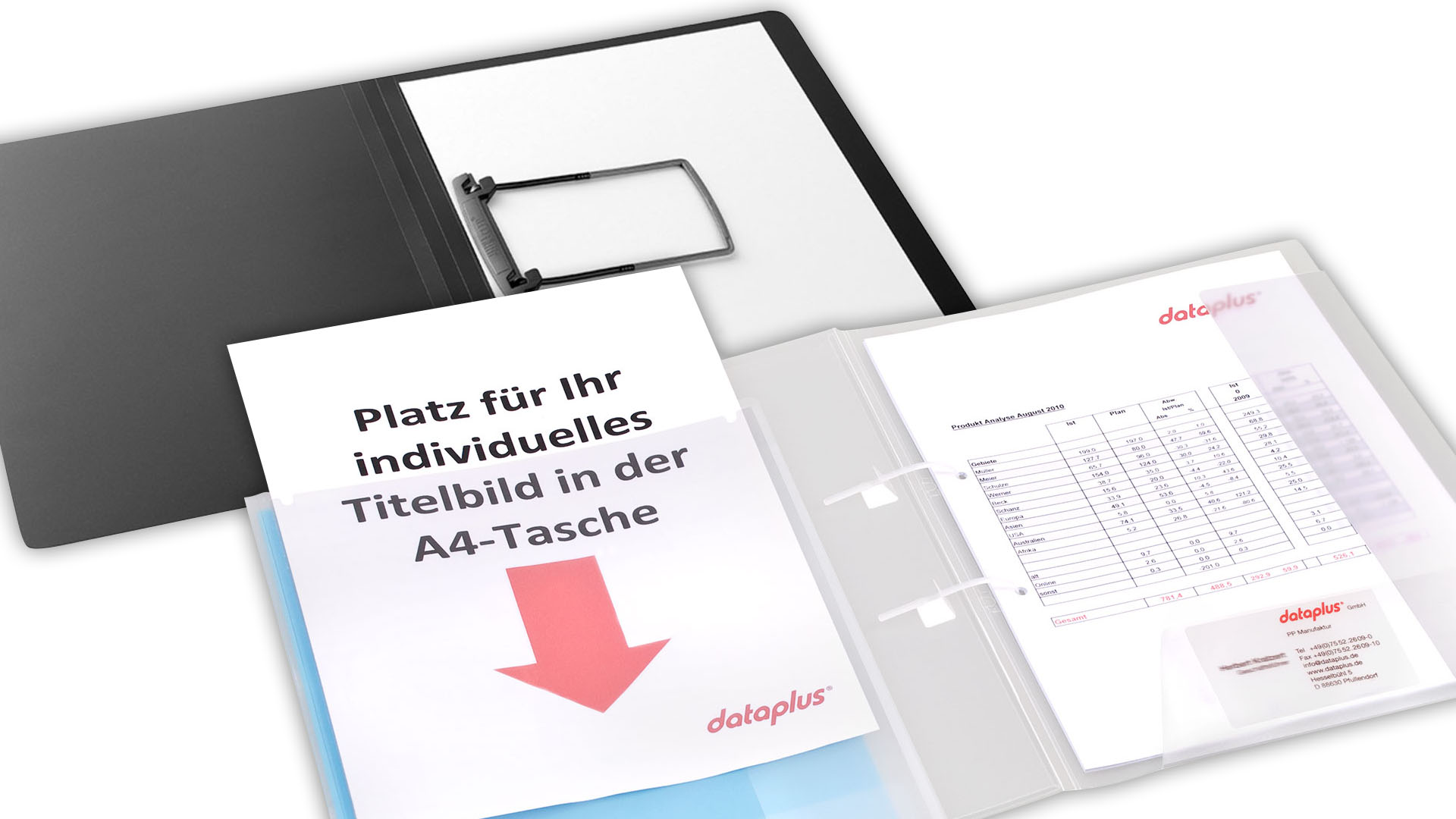 Heftern und Mappen aus Kunststoff, in verschiedenen Ausführungen: z.B. für die Ablage loser Unterlagen oder mit einer Abheftvorrichtung für gelochtes Schriftgut.